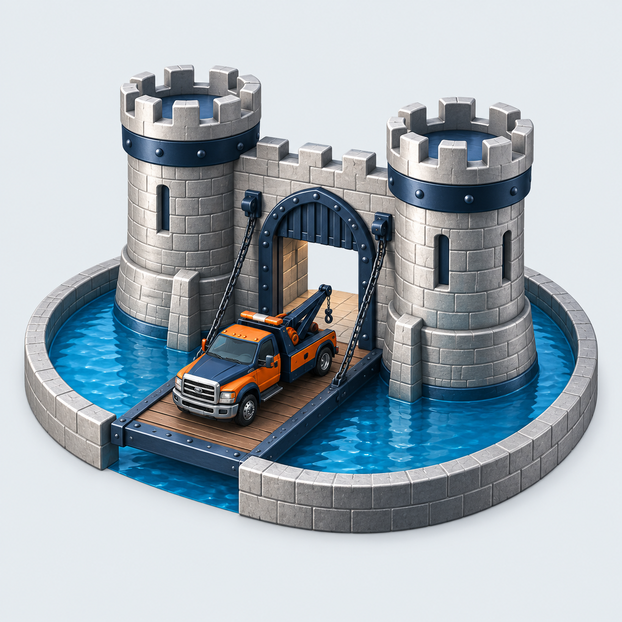 Castle with a moat and a tow truck on its drawbridge
