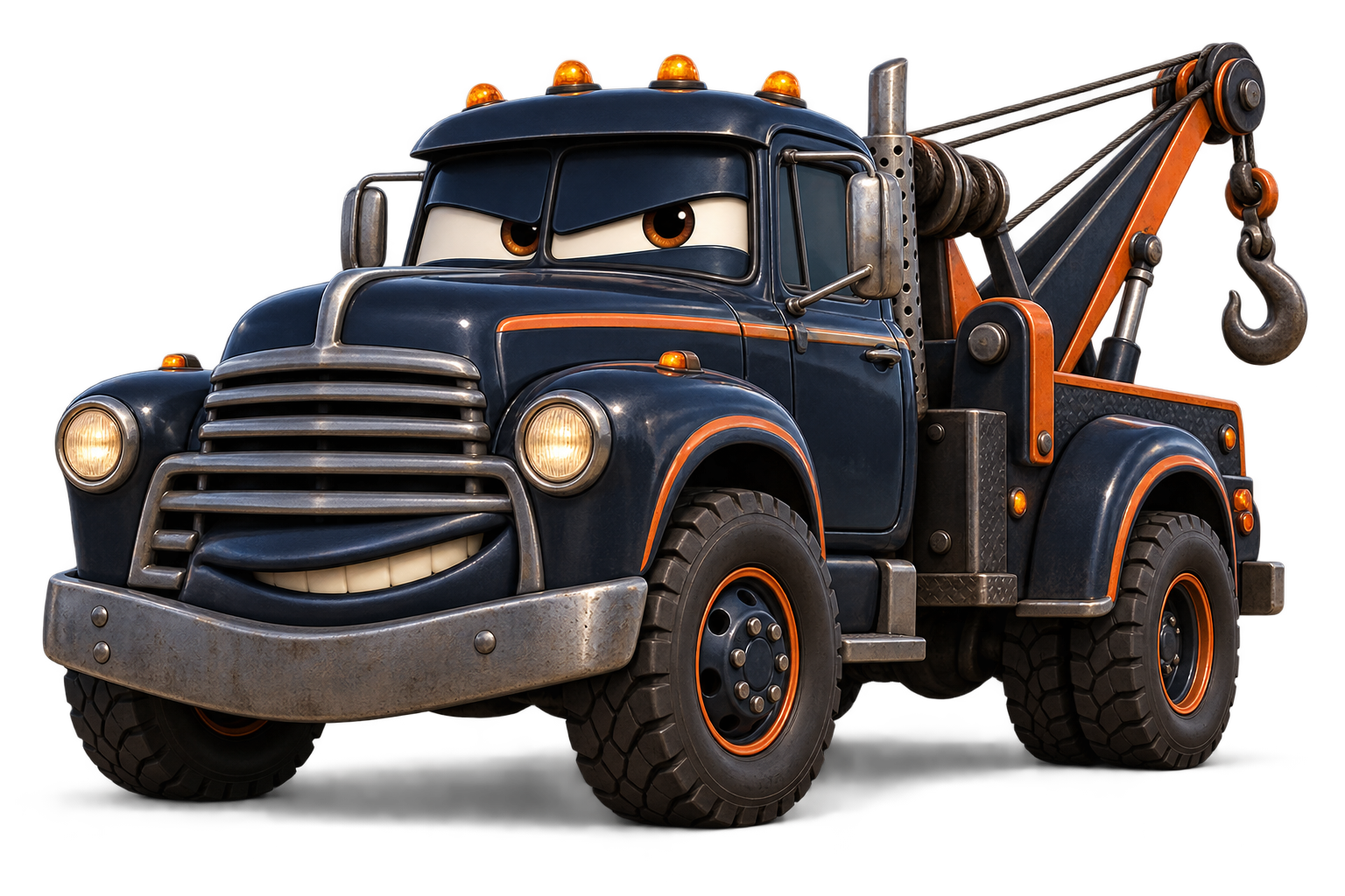 A tough animated tow-truck character with expressive windshield eyes, a navy body, and orange accents
